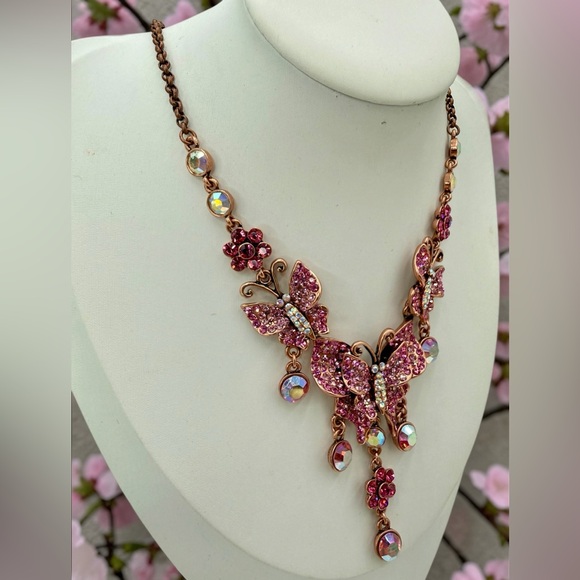 Kirks Folly Jewelry - Kirks Folly Pink Butterfly Rhinestone Necklace AB Drop Signed 16”-19” whimsical